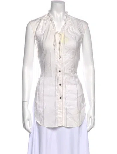 Pre-owned Colovos Striped Tie Neck Blouse In White