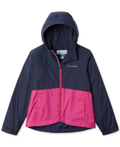 Columbia Kids' Big Girls Rain-zilla Colorblocked Fleece-lined Full-zip Hooded Rain Jacket In Nocturnal,pink