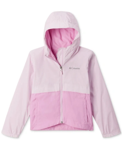 Columbia Kids' Big Girls Rain-zilla Colorblocked Fleece-lined Full-zip Hooded Rain Jacket In Pink Dawn,cosmo