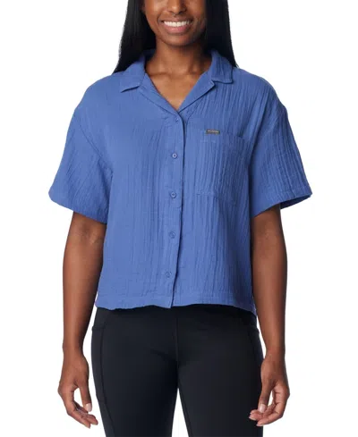 Columbia Holly Hideaway Breezy Shirt Top Women Purple Cotton Button Up Fts648 In Blue