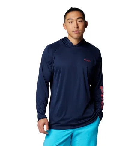 Columbia Men's Terminal Tackle Upf 50 Hoodie In Collegiate Navy,sunset Red Logo