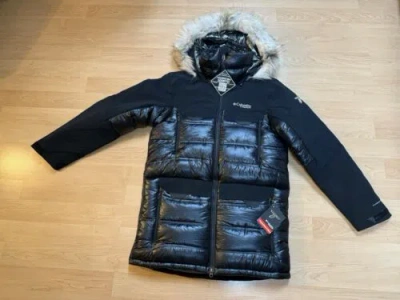 Pre-owned Columbia Mens Medium Titanium Heatzone 1000 Turbodown Long Hooded Parka In Black