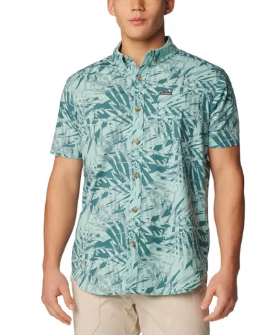 Columbia Rapid Rivers Shirt Mens Cloudburst Dye Palms Printed Button-down Fts881 In Green