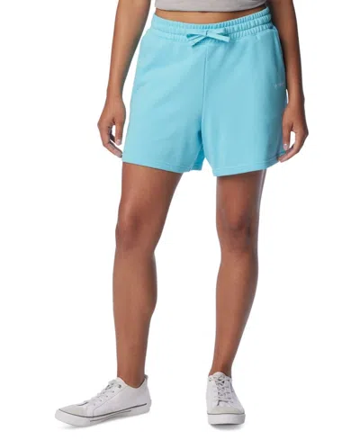 Columbia Trek French Terry Shorts Women's Aquamarine Logo Mid-rise Fts612 In Blue