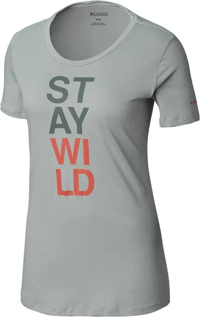 Columbia Women's Activewear Plus Size Word Block Printed Crew Neck T-shirt In Niagra Heather/ Stay Wild In Multi