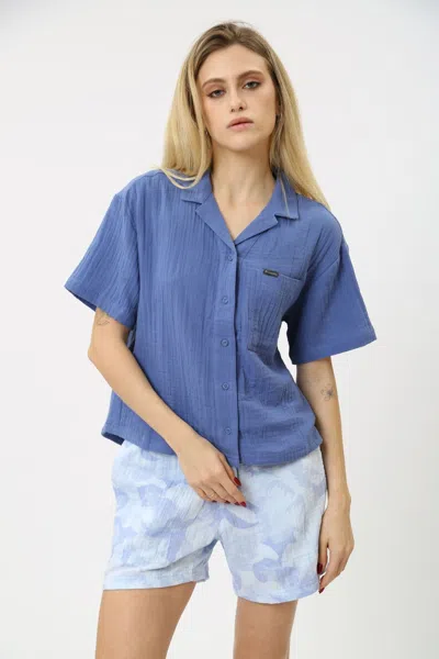 Columbia Women's  Holly Hideaway Breezy Shirt Top Blue Cotton Button Up Fts649 In Purple