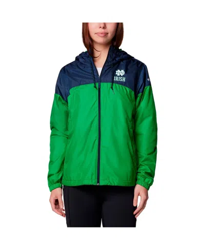 Columbia Women's Navy/green Notre Dame Fighting Irish Flash Forward Full-zip Hoodie Windbreaker Jacket In Navy,green