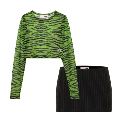 Come On Black / Green Pop Zebra Tulle Crop Top With Bela Lugosi Mini Skirt In Multi