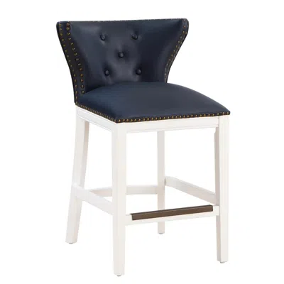 Comfort Pointe Marco Midnight Blue Faux Leather And White Wood Counter Stool