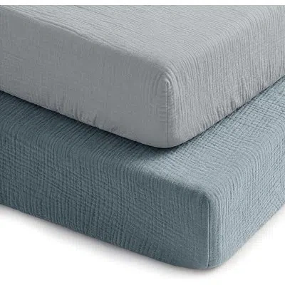 Comfy Cubs 100% Muslin Crib Fitted Sheet 2 Pack - 100% Cotton, Soft & Breathable Crib Sheets For Toddler Mattre In Pacific Blue,heather