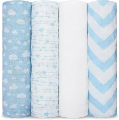 Comfy Cubs Muslin Swaddle Blankets, 4 Pack In Blue