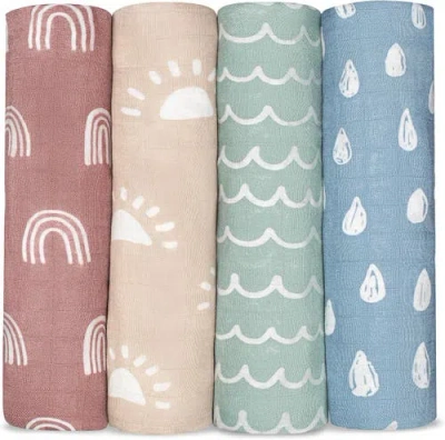Comfy Cubs Muslin Swaddle Blankets, 4 Pack In Sun, Rainbow, Rain, Doodle
