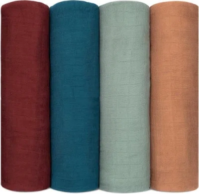Comfy Cubs Muslin Swaddle Blankets, 4 Pack In Wine, Neptune, Fern, Caramel