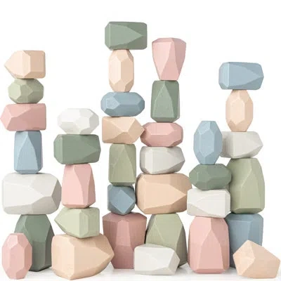 Comfy Cubs Stacking Rocks 36 Pieces, 36 Months+, Educational Toddler Stacking Blocks - Wooden Rocks Sensory Toy In Blue,green,gray,pink