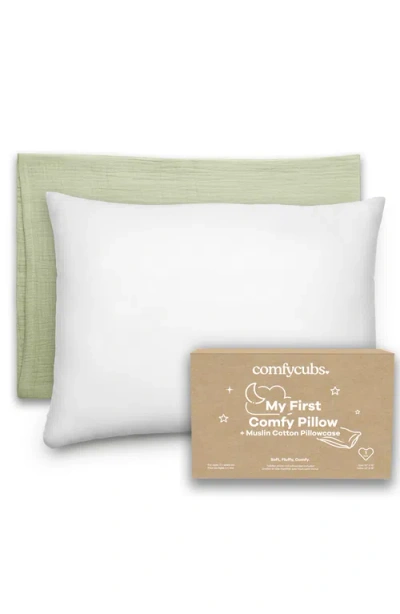 Comfy Cubs Toddler Pillows With Soft Muslin Pillow Case In Green