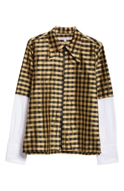 Coming Of Age Gingham Layered Look Silk Zip-up Shirt In Gingham Black Gold