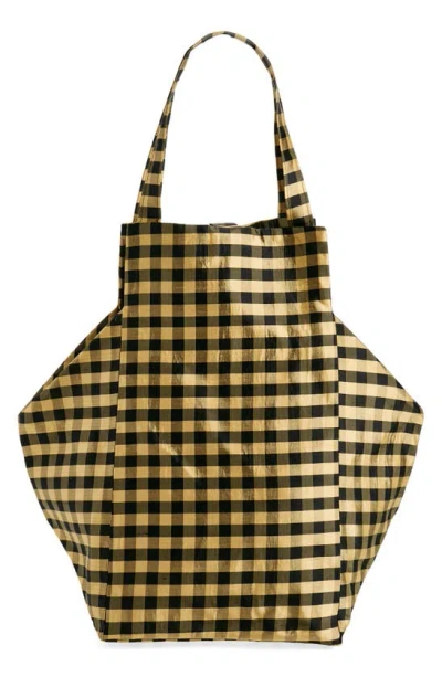 Coming Of Age Xl Everyday Gingham Silk Taffeta Tote In Gingham Black Gold
