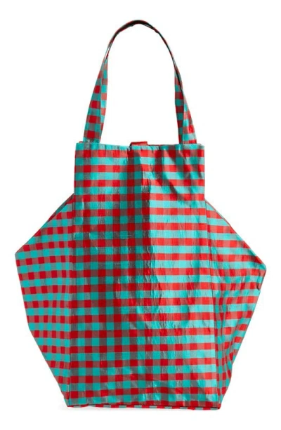 Coming Of Age Xl Everyday Gingham Silk Taffeta Tote In Gingham Red Turquoise