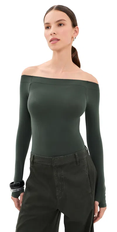 Commando Ballet Off Shoulder Thong Bodysuit With Thumbholes Hazel In Green