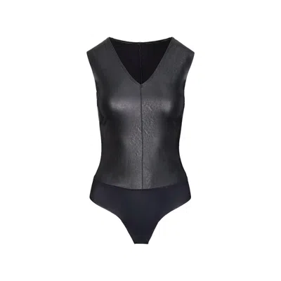 Commando Bds014 Bodysuit Women's M Black Faux Leather V-neck One Piece Jdm015