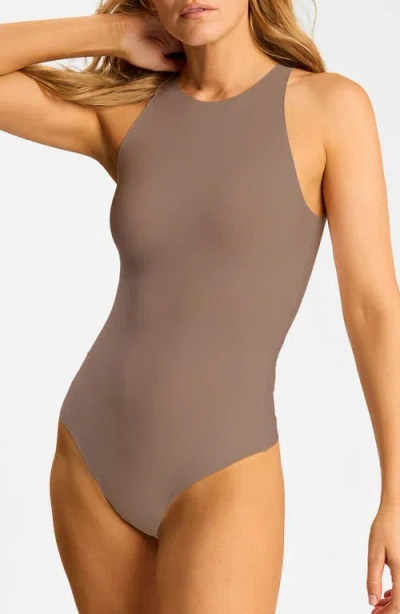 Commando Butter Crewneck Tank Thong Bodysuit In Brown