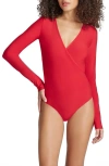 Commando Butter Long Sleeve Faux Wrap Bodysuit In Scarlet