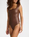 Commando Cap-sleeve Faux Leather Bodysuit In Chocolate