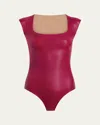 Commando Cap-sleeve Faux Leather Bodysuit In Raspberry