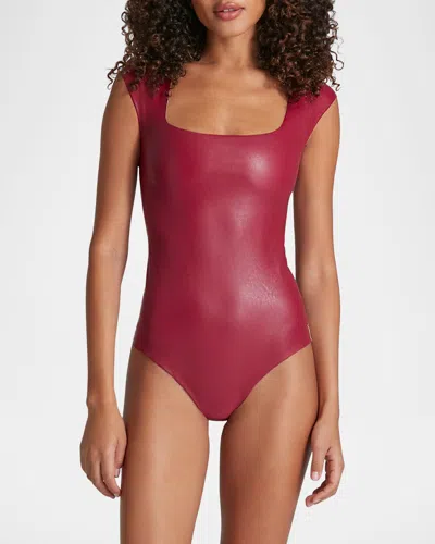 Commando Cap-sleeve Faux Leather Bodysuit In Raspberry