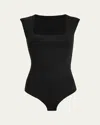 Commando Cap-sleeve Neoprene Thong Bodysuit In Black