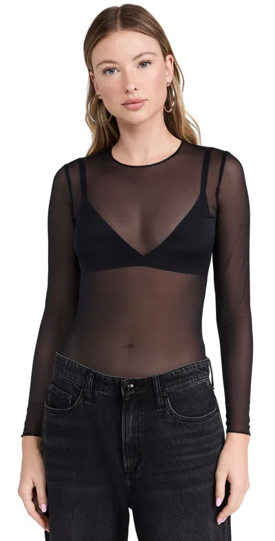 COMMANDO CHIC MESH CREW NECK LONG SLEEVE THONG BODYSUIT BLACK