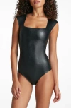 Commando Cap-sleeve Faux Leather Bodysuit In Black