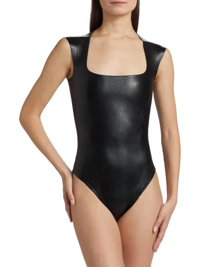 Commando Faux Leather Cap Sleeve Bodysuit In Black