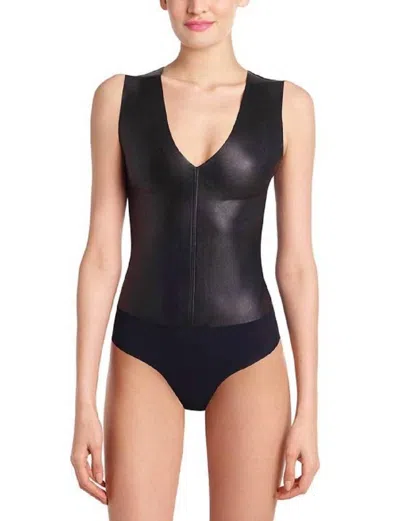 Commando Faux Leather Deep-v Bodysuit In Black