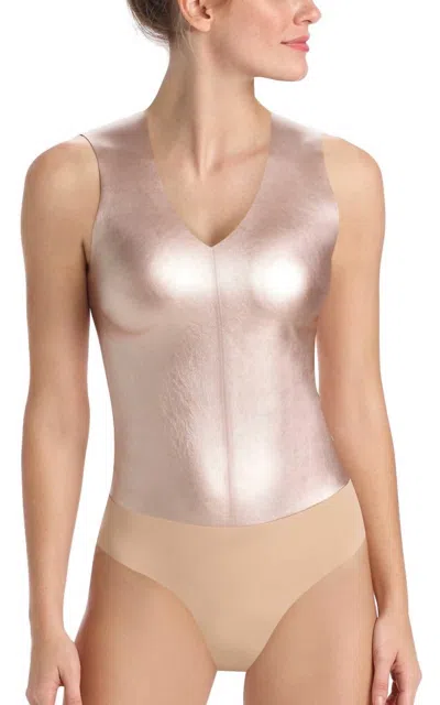 Commando Faux Leather Deep-v Bodysuit In Rose Gold In Multi