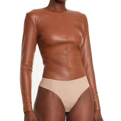 Commando Faux Leather Longsleeve Crew Bodysuit In Beige