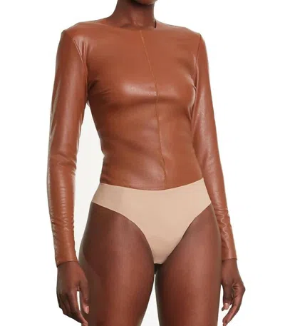 Commando Faux Leather Longsleeve Crew Bodysuit In Cocoa In Brown