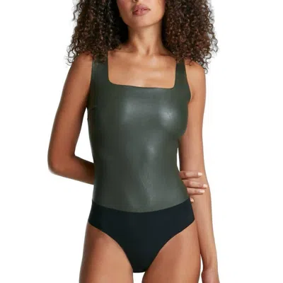 Commando Faux Leather Squareneck Bodysuit In Pine In Silver