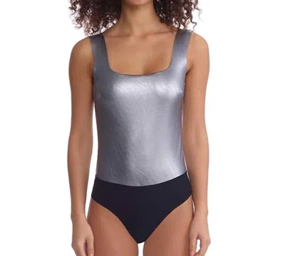 Commando Faux Leather Squareneck Bodysuit In Silver