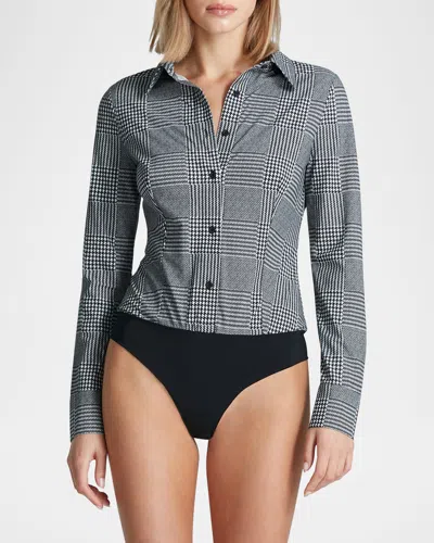 Commando Plaid Button-down Shirt Bodysuit In Houndstooth Plaid