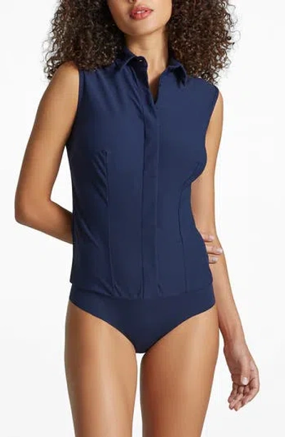 Commando Sleeveless Button-up Bodysuit In Navy