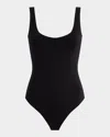 Commando Sleeveless Scoop-neck Neoprene Thong Bodysuit In Black