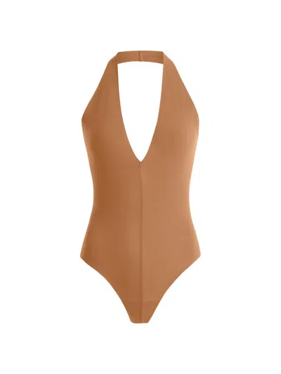 Commando Ballet Deep Plunge Halter Bodysuit In Brown