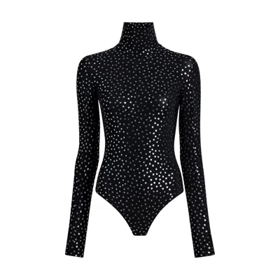 COMMANDO WOMEN'S BLACK / SILVER COMMANDO PRINT TURTLENECK BODYSUIT, SILVER STAR BDS203
