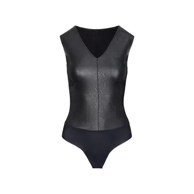 Commando Women's  Faux Leather V-neck Bodysuit, Black