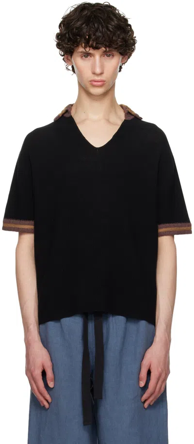 Commas Black V-neck Polo In Black/brown