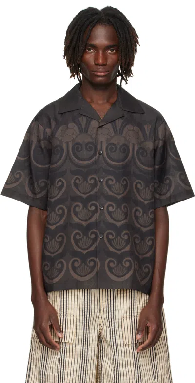 Commas Brown Painted Shell Silk Camp Collar Shirt
