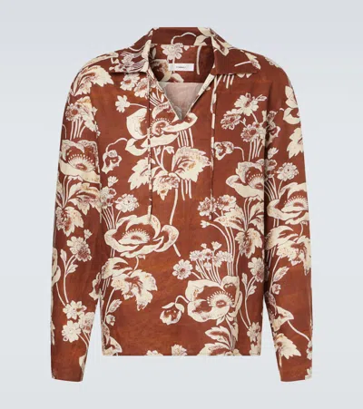 Commas Floral Tie-neck Linen Shirt In Brown