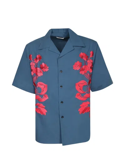 Commas Floral-embroidered Short-sleeve Shirt In Blue