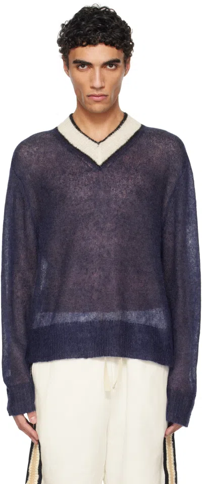 Commas Navy Mohair V Neck Sweater In Ink Veil